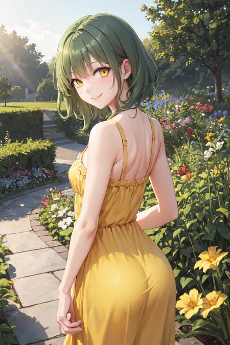 05869-655947334-masterpiece, best quality, absurdres, perfect anatomy, 1girl, solo, green hair, yellow eyes, medium hair, from behind, (yellow s.png